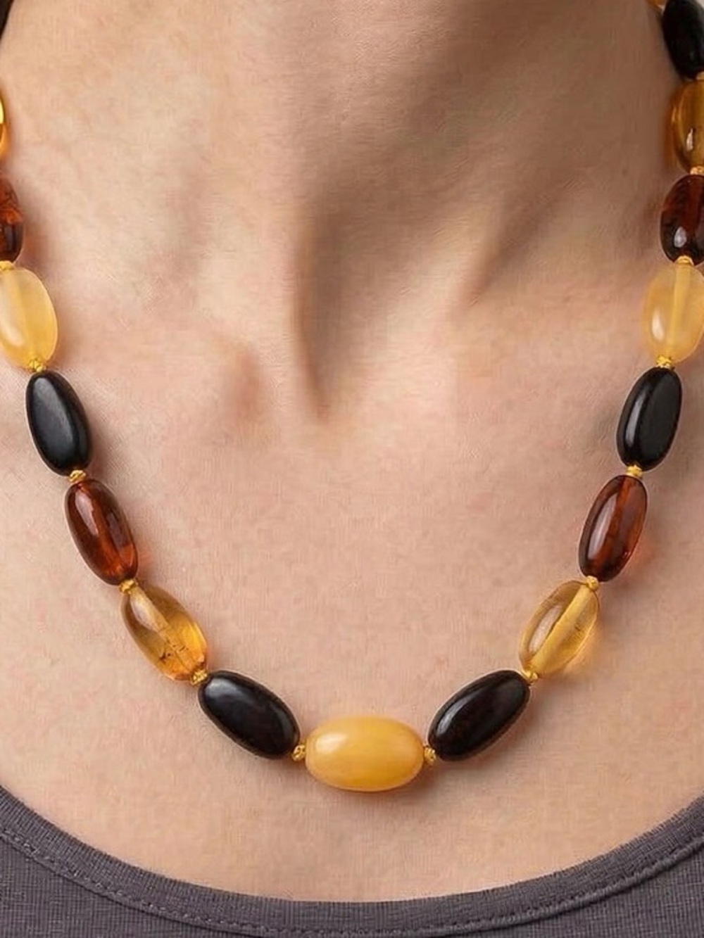 Amber-Tone Oval Bead Necklace - Multi Amber